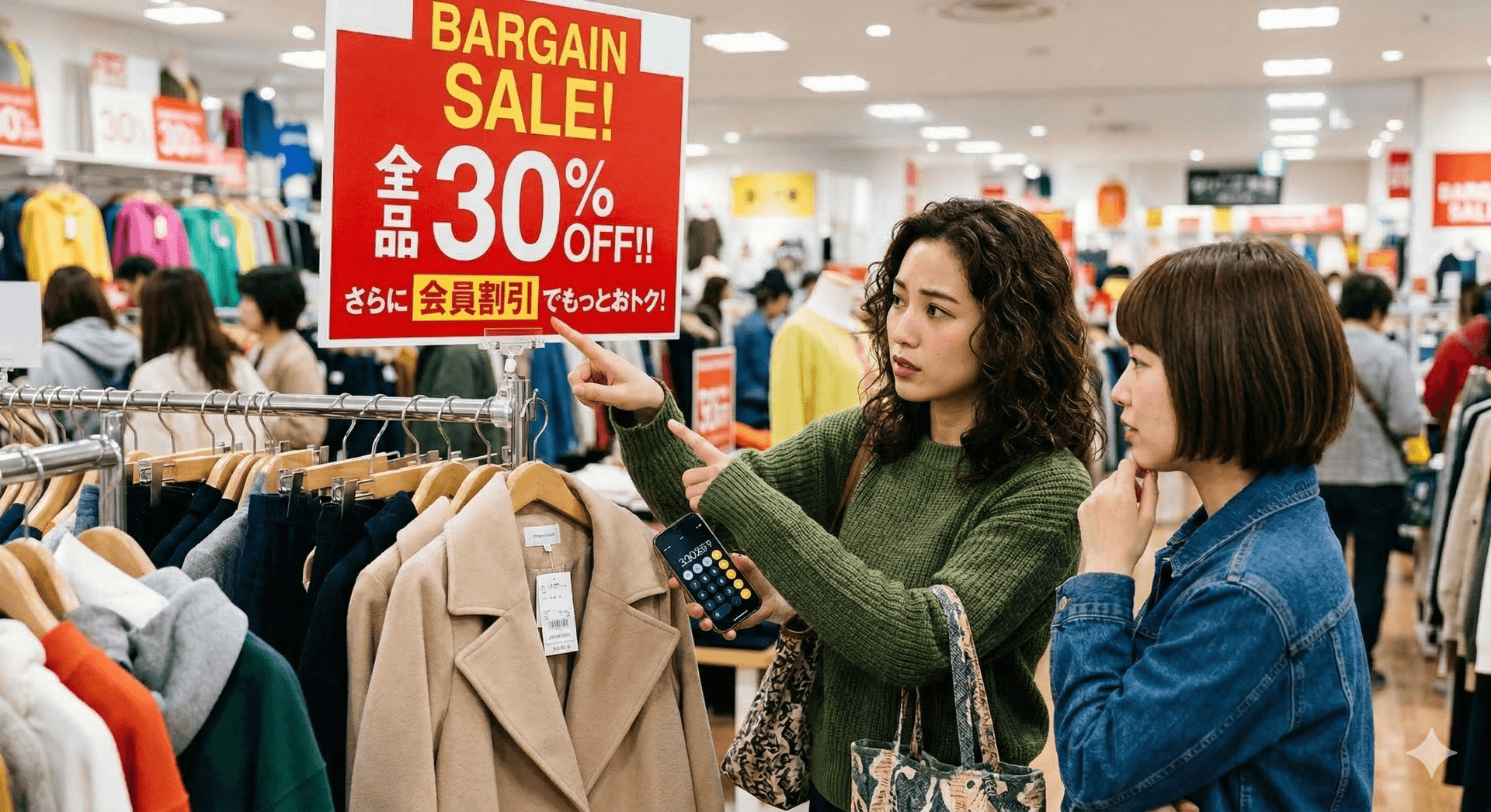 バーゲンセールの「30%オフ、さらに会員割引」って結局いくらになるの?計算が一瞬でできる方法